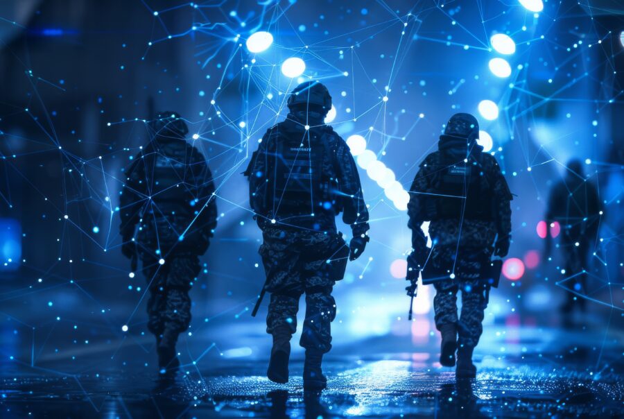 Cyber Law Enforcement: Digital law enforcement officers patrolling a crypto transaction network.